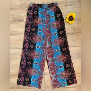 Elan - Women’s Wide Leg Flowy Hippie Pants Boho Pattern, Multi Colored Blue/Pink